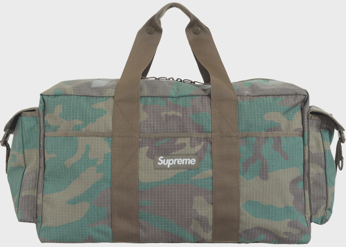 Supreme Duffle Bag Woodland Camo SS24, a stylish and durable travel accessory