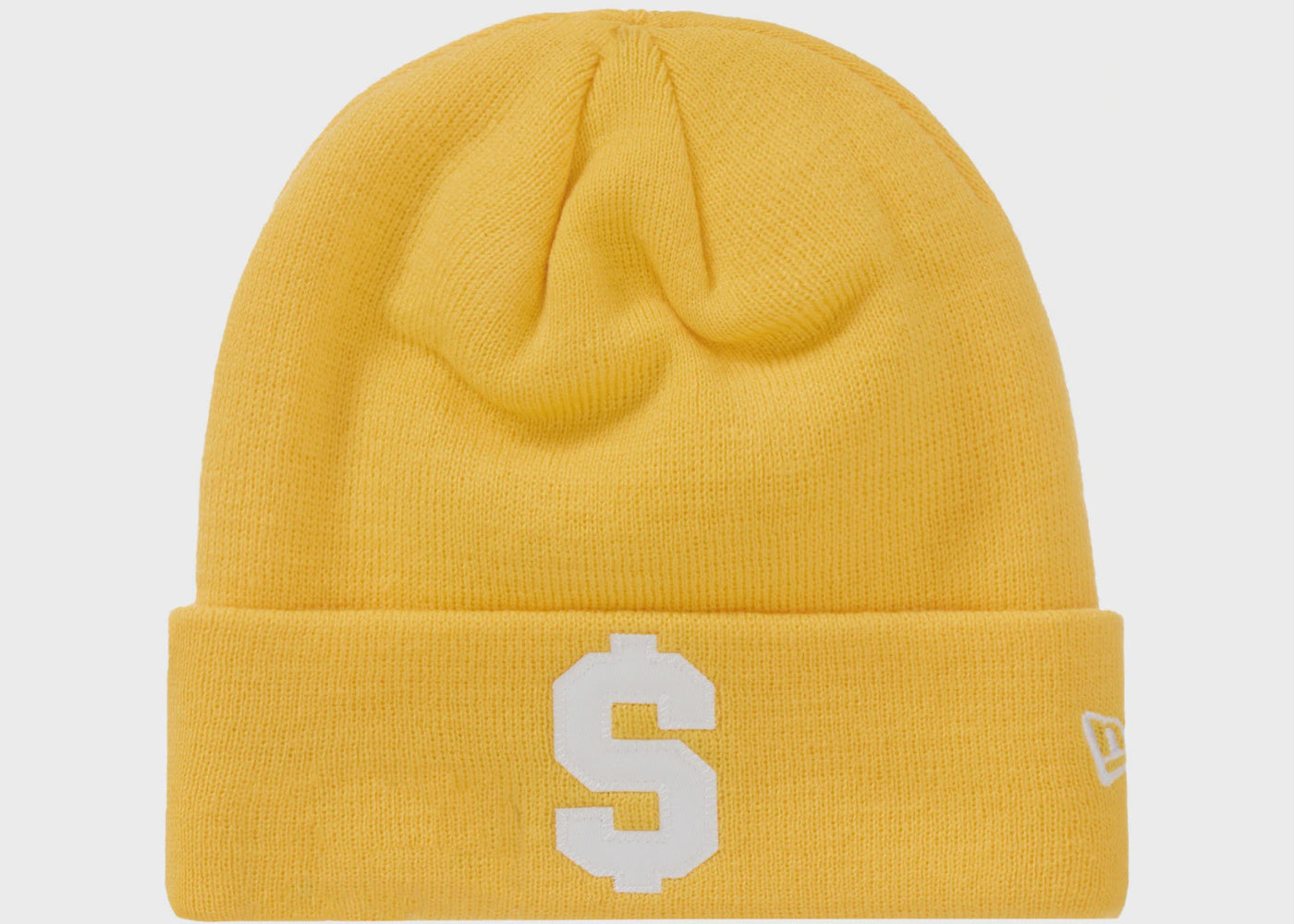 Supreme New Era $ Beanie in Gold color, part of the SS24 collection, featuring the iconic Supreme logo embroidered on the front