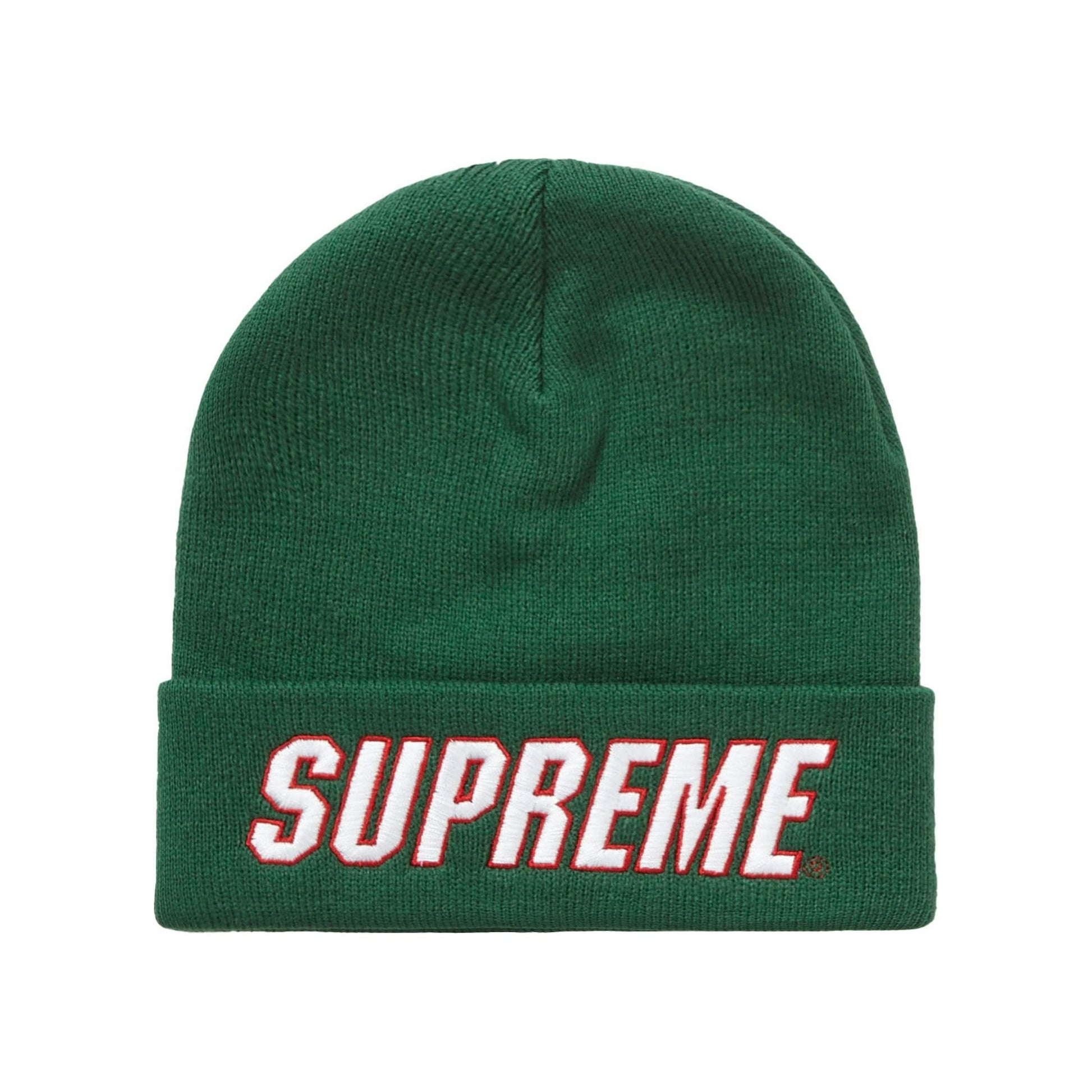 Supreme Slant Beanie in Green (FW23) - Knit winter hat with slanted logo