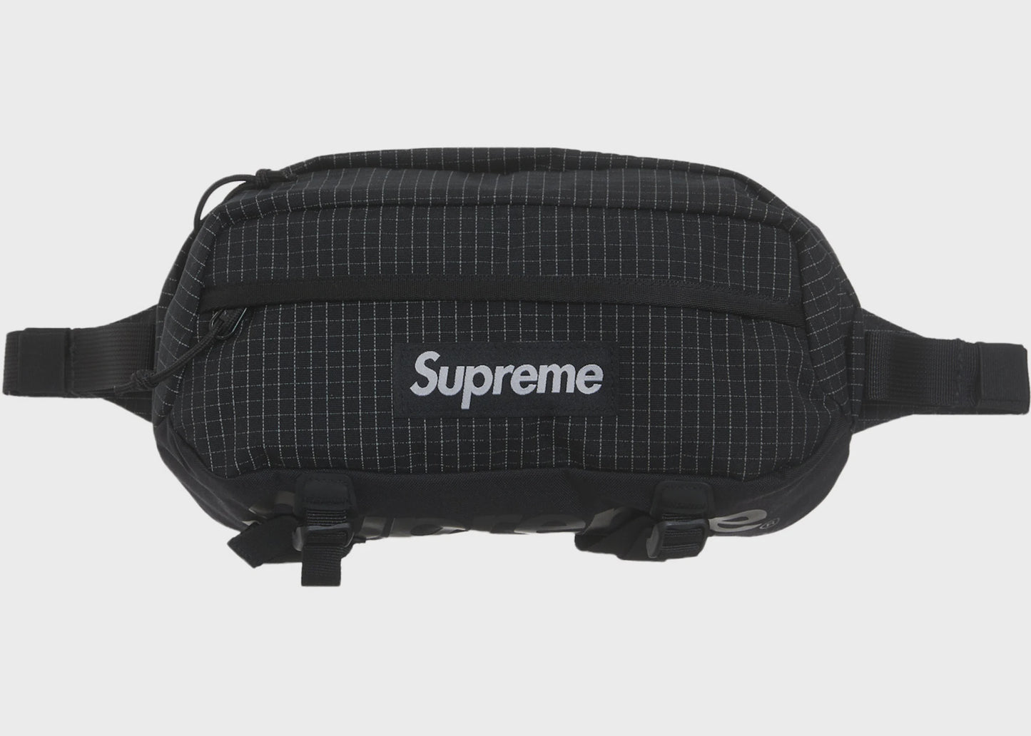 Black Supreme Waist Bag (SS24) with adjustable strap and multiple zip compartments