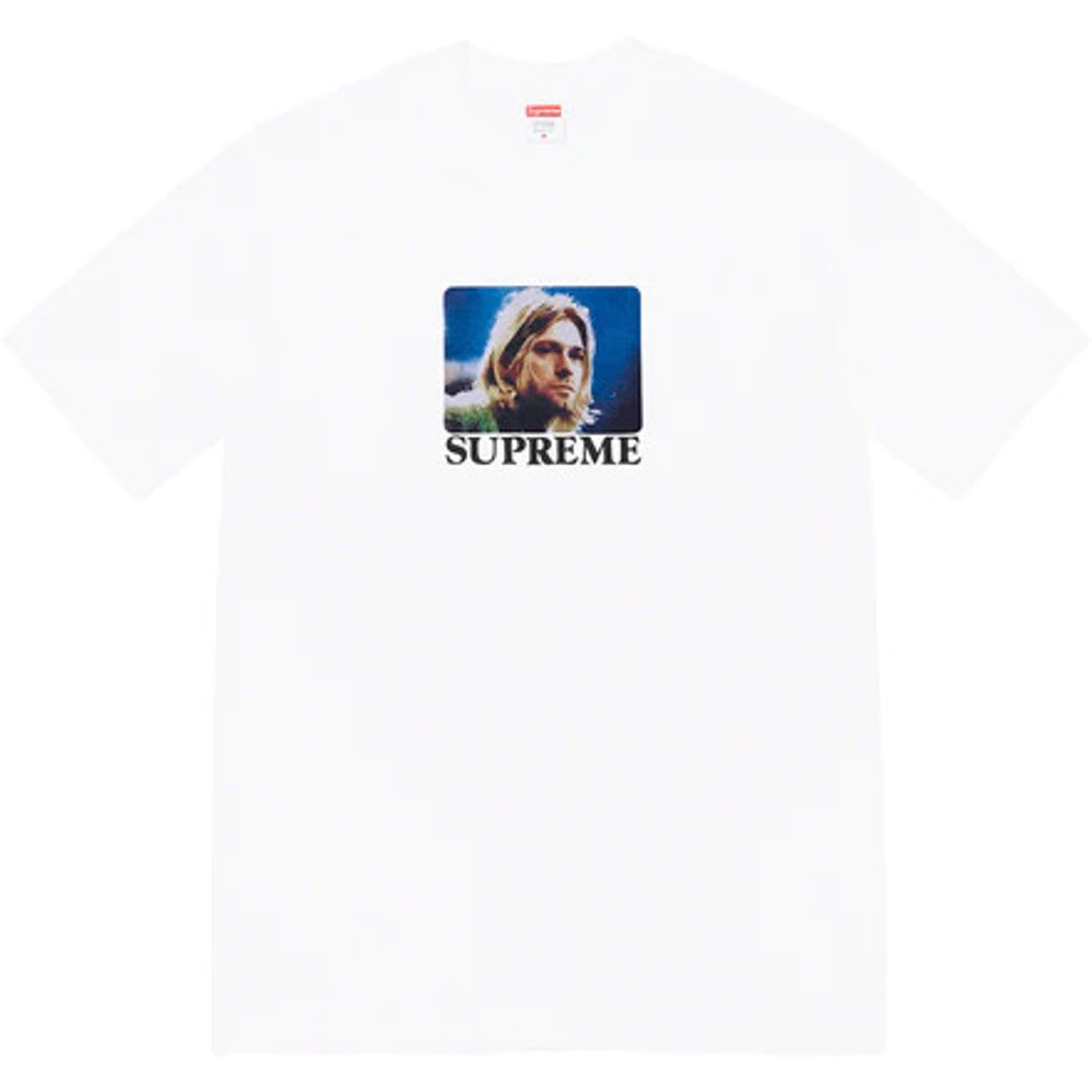 White Supreme Kurt Cobain Tee featuring iconic graphic print and crew neckline