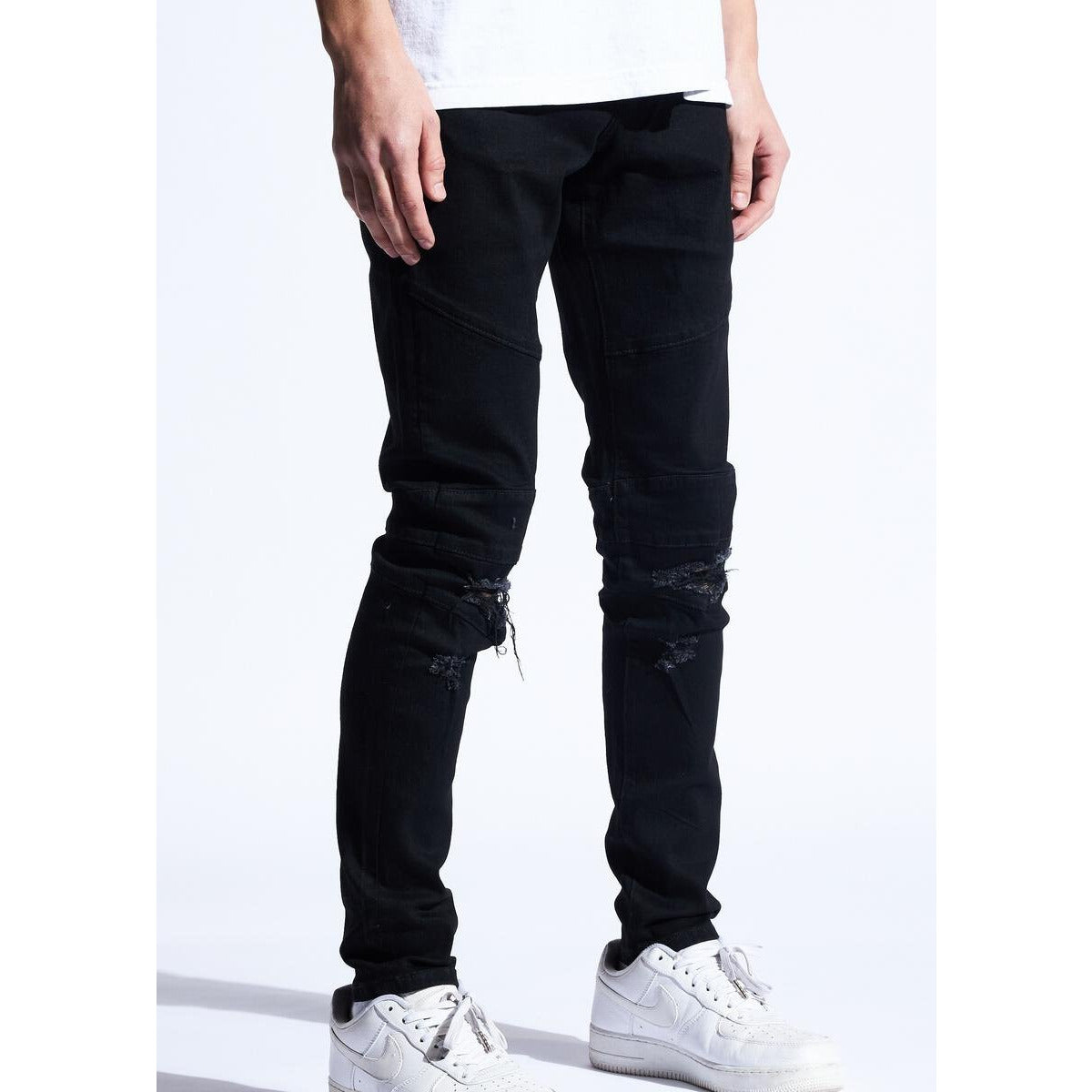 Distressed black Crysp Denim Montana jeans with tear details (style CRSYPQS-101) for a fashionable and edgy look