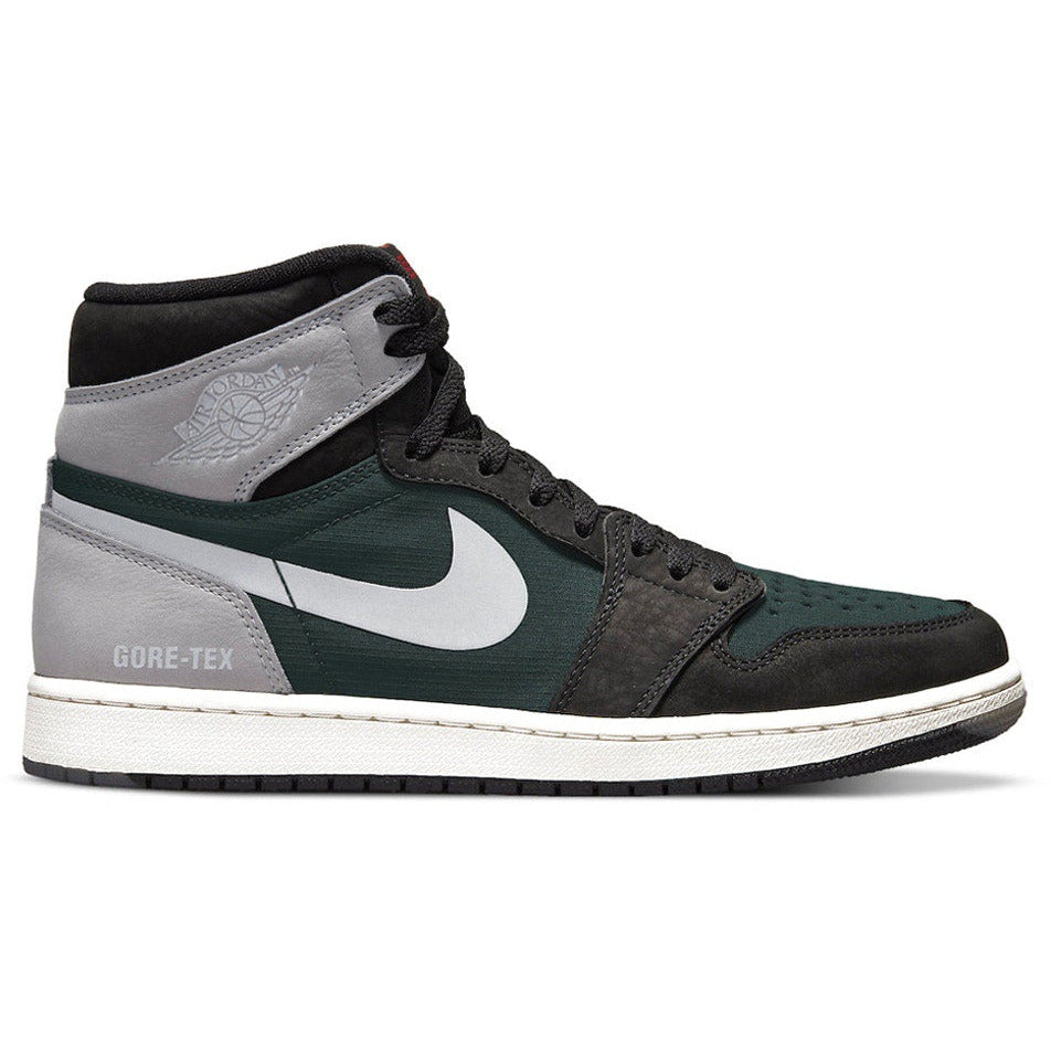 Black and grey Jordan 1 Retro High Element Gore-Tex shoe with durable waterproof material