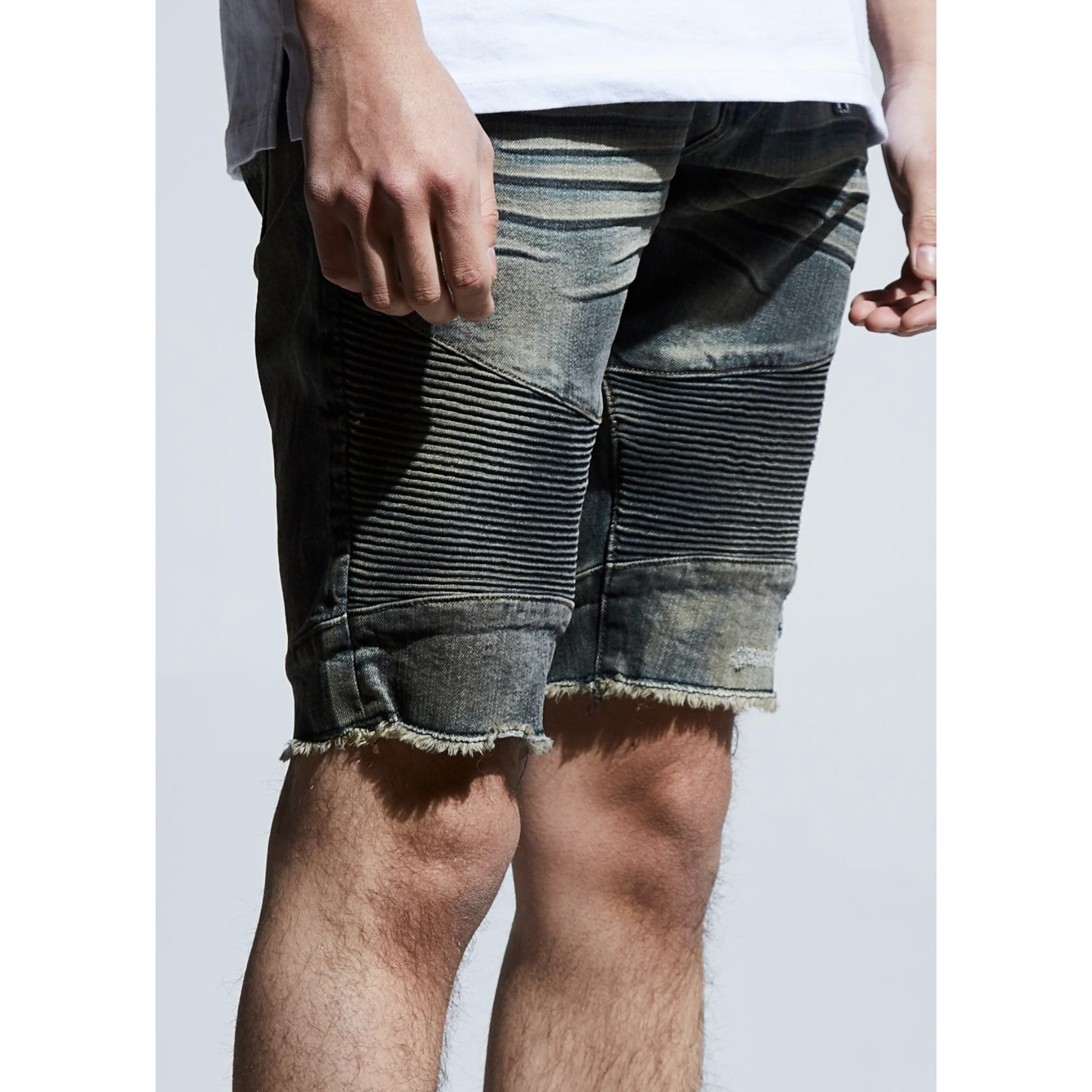 Embellish Hilton Biker Denim Shorts (EMBSU219-127) featuring distressed detailing and a comfortable, stylish design for a trendy look