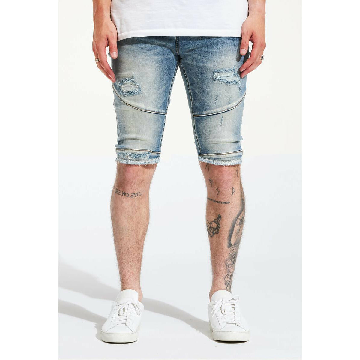Light blue Crysp Denim Montana shorts with distressed details and a relaxed fit for casual wear