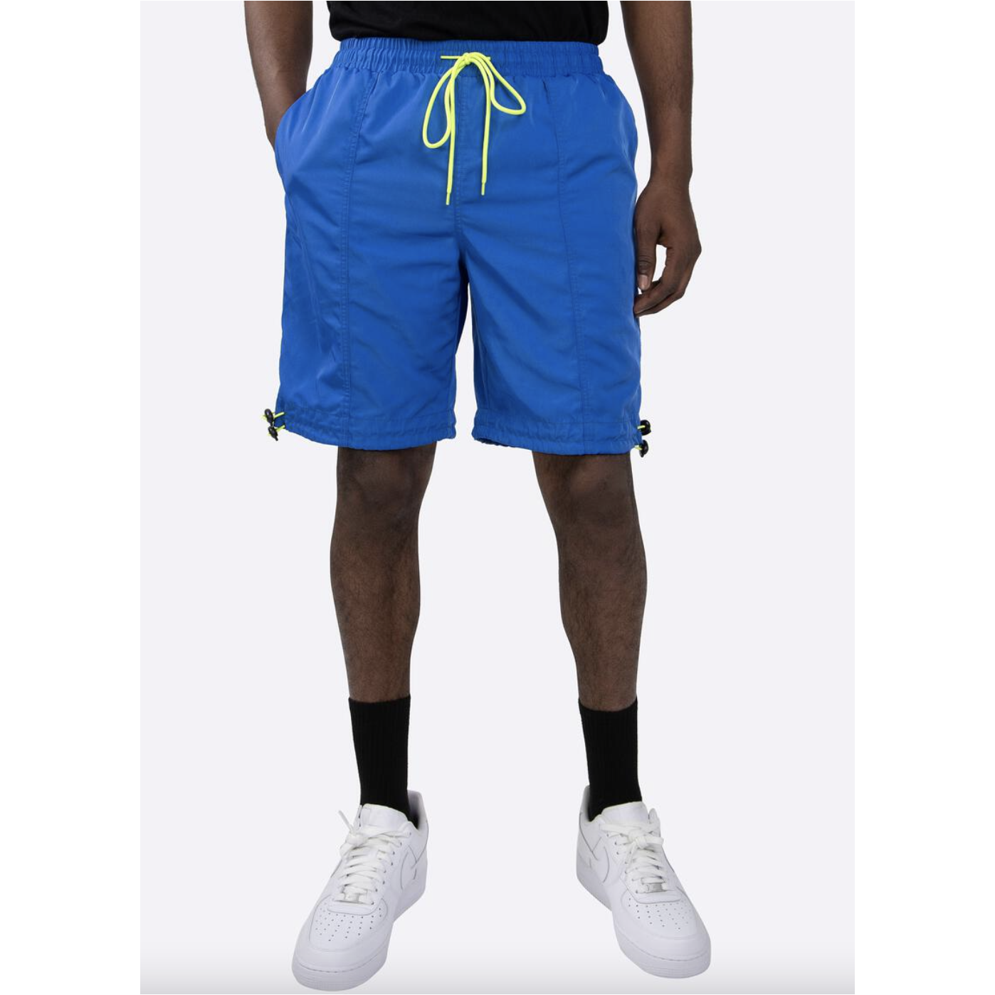 Men's Eptm Hyper Track Shorts in Blue and Neon Green, style EP9881, featuring bold color blocking and comfortable fit for athletic wear