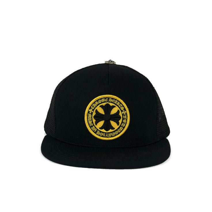 Black and yellow Chrome Hearts Plus Cross Seal Stamp Trucker Hat with stylish design and adjustable fit