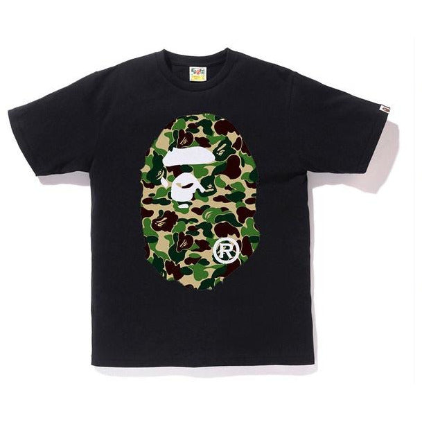 Black and camo green BAPE ABC Big Ape Head Tee with bold graphic design