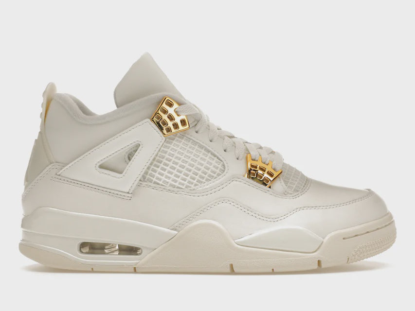 Jordan 4 Retro Metallic Gold women's sneakers (AQ9129-170) in metallic gold and white colorway, featuring signature Air Jordan style and superior comfort