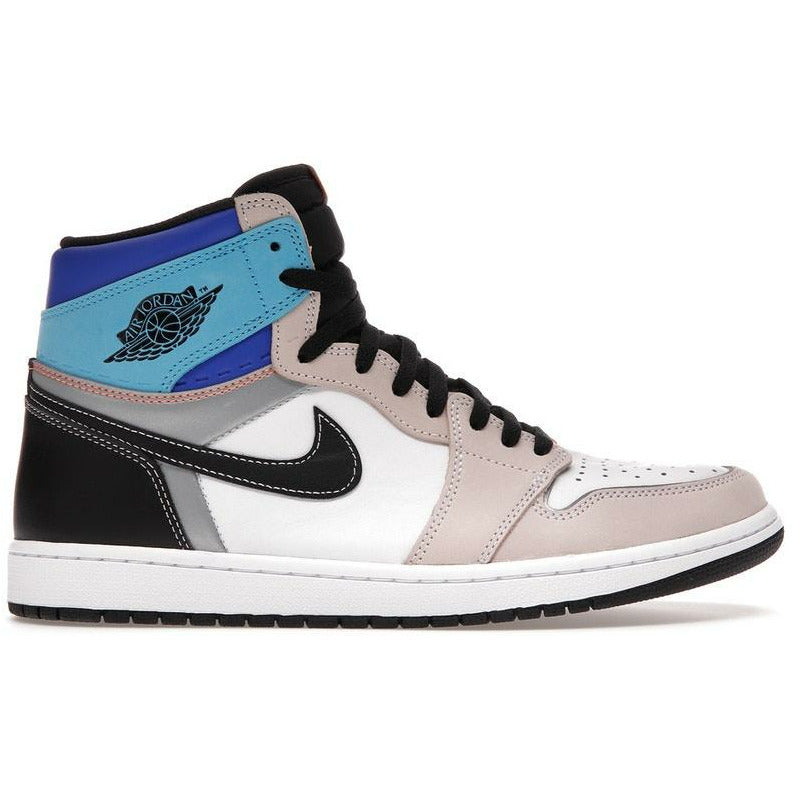 Close-up of a pair of Jordan 1 Retro High OG - Prototype sneakers in a striking black and white colorway with Nike swoosh and brand logo on the side, perfect for sneakerheads and basketball fans alike