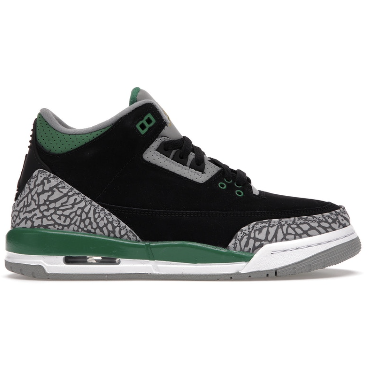 Green and black Jordan 3 Retro Pine sneakers for kids