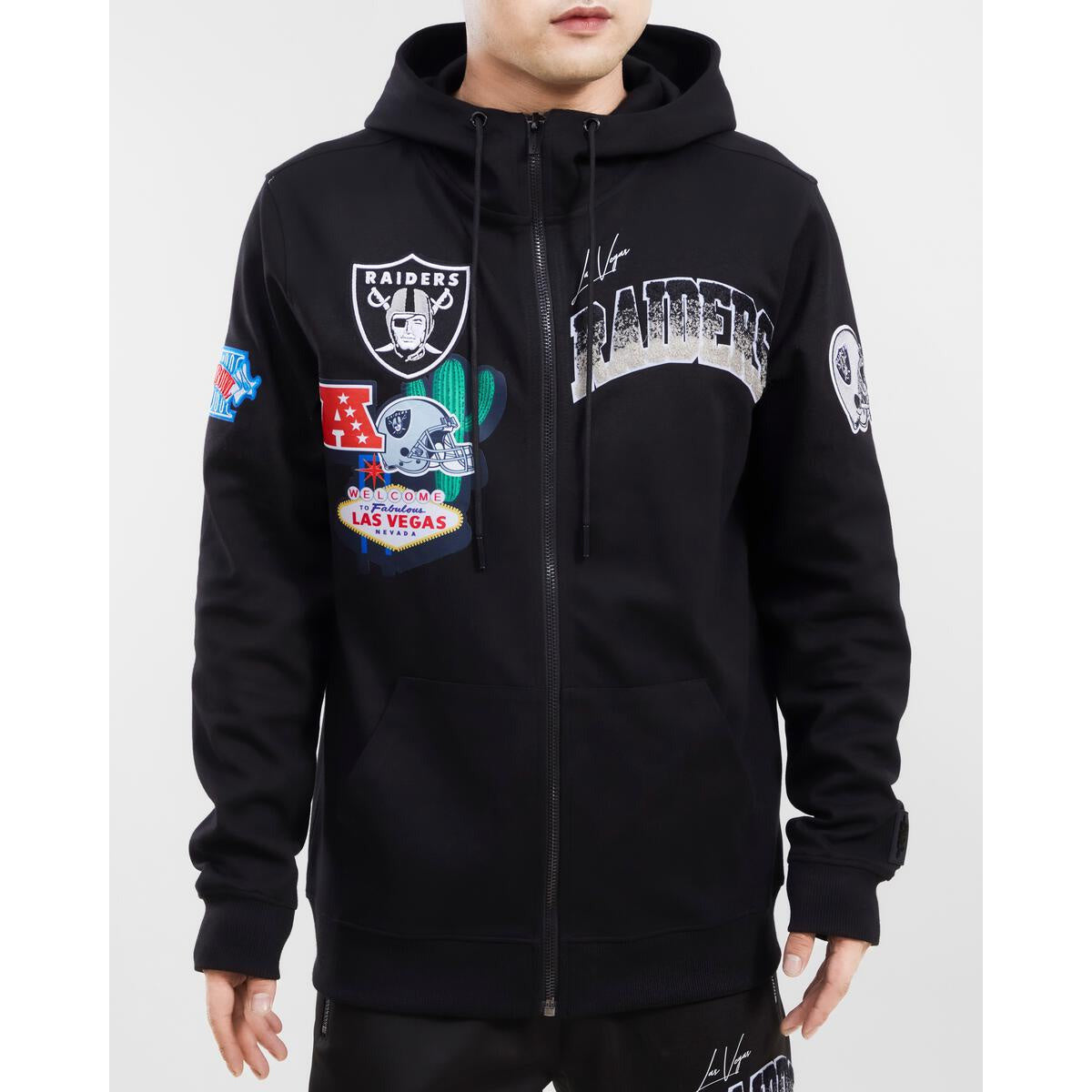 Black zip up hoodie featuring Las Vegas Raiders home town design