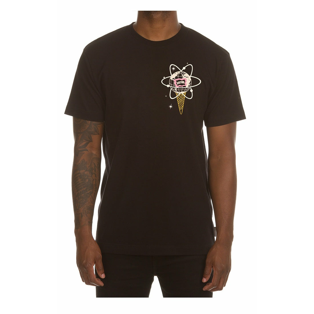 Graphic black tee featuring an ice cream cone in a galactic space design